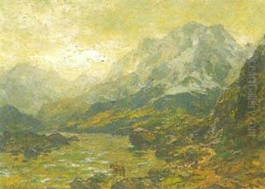 Norwegische Fluslandschaft Mit Reiter by Carl August Heinrich Ferdinand Oesterley