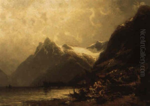 A View Of A Bay In A Mountainous Landscape With Fishermen On The Beach - view 1
