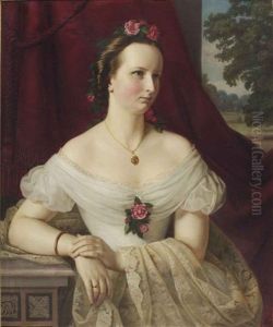 Portrait Of Juliane Grafin Von Brockdorff (1842-1866), Half-length, Wearing A White Lace Dress With Red Roses Portrait Of Juliane Grafin Von Brockdorff (1842-1866), Half-length, Wearing A White Lace Dress With Red Roses
