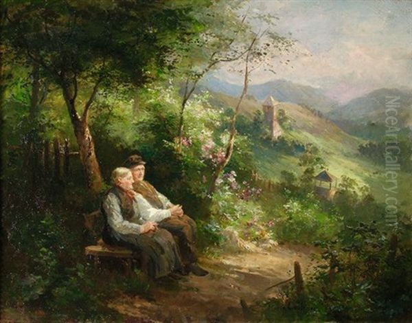 Rast Am Wegrand. Blick In Eine Weite Landschaft Mit Einem Rastenden Paar Auf Einer Bank - view 1