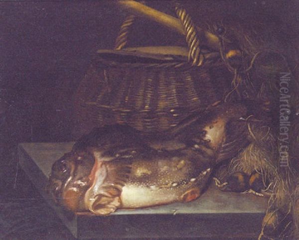 A Cod By A Creel And Fishing Nets On A Stone Table - view 1