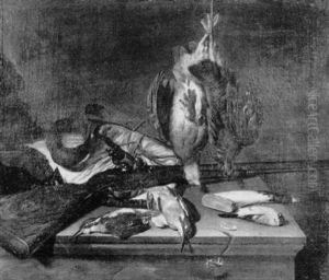 Stilleben Mit Steinschlosgewehr Und Federvieh by Hendrick ten Oever