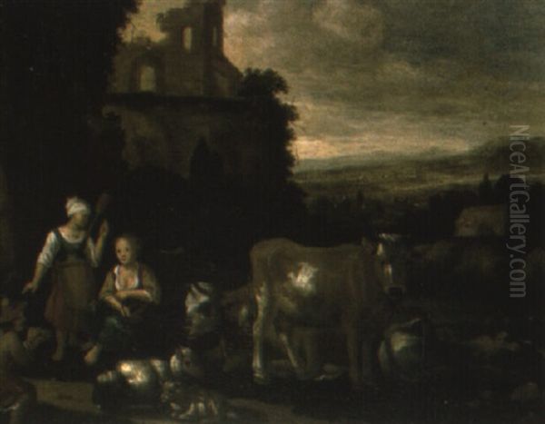 Peasants With Cattle And Sheep In A Landscape With A Ruined Church - view 1