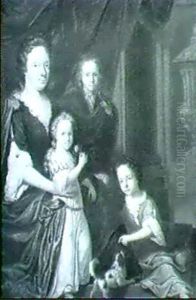 Portrait Of A Seated Lady And Her Children Before A Red Drape And Classical Statuary Portrait Of A Seated Lady And Her Children Before A Red Drape And Classical Statuary