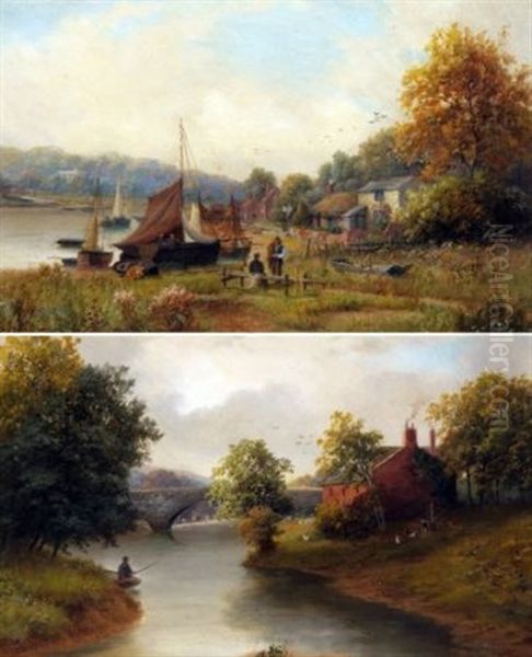 River Landscapes With Fishermen, Boats And Cottages (pair) - view 1