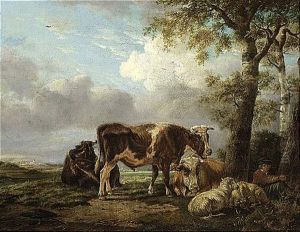 A Shepherd Boy And His Cattle Resting Beside A Tree by Anthony Jacobus Offermans