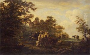 Hirtenpaar Mit Kuhen, Schafen Und Ziegen An Der Tranke by Anthony Jacobus Offermans