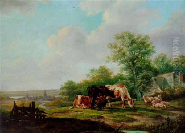 Cattle And Sheep In A Farm Landscape With A Village Beyond - view 1