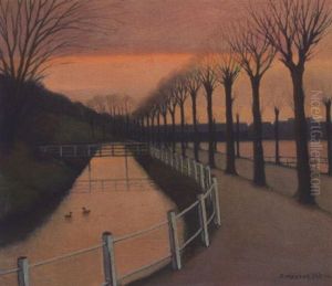 Alle Med Kanal Og Dam, I Baggrunden Huse by Jeppe Madsen Ohlsen