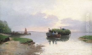 Beladenes Ernteboot Am Seeufer Bei Abendlicht by Theodor Ohlsen