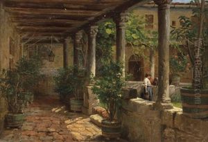 Innenhof Eines Palazzos In Venedig Mit Zwei Frauen Am Brunnen by Theodor Ohlsen