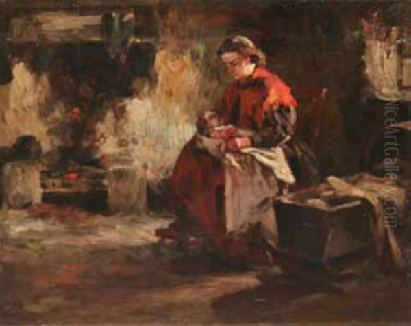 Fireside Scene With Woman And Child - view 1