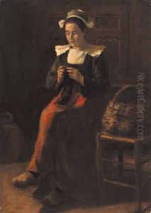 Breton Woman Seated In Interior, Knitting