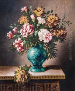 Still Life With Bouquet Of Flowers In A Green Vase by Nikolai Andreievitch Okolowitch