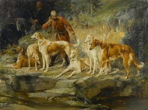 A Group Of Borzoi With A Cossack Hunter by Frederico Olaria