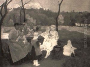 Im Garten - Frauen Mit Ihren Kindern Sitzen Um Einen Tisch Herum by Hans Olde