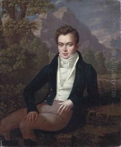 Portrait Of A Gentleman, Three-quarter-length, Seated, In A Blue Coat And White Waistcoat, In A Landscape, A Mountain Range Beyond