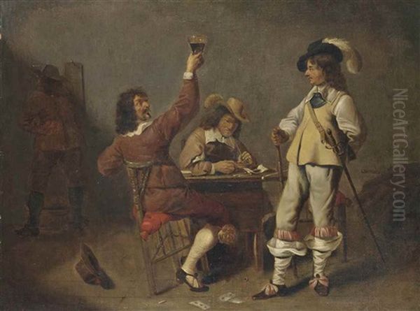 Cavalry Men Drinking, Smoking And Playing Cards In An Interior - view 1