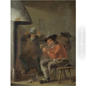 An Interior With Peasants Smoking And Drinking Beside A Fireplace An Interior With Peasants Smoking And Drinking Beside A Fireplace
