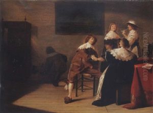 Une Compagnie Elegante Fumant Et Buvant Dans Un Interieur