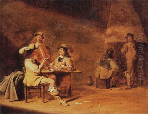Officers Smoking And Drinking At A Table In An Inn, Others Standing And Seated By A Fireplace In The Background - view 1