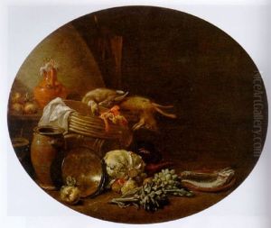 A Kitchen Interior With A Hare And A Mallard On A Table By A Basket With Fish On A Terracotta Plate, Apples And Artichokes by Jan Olis