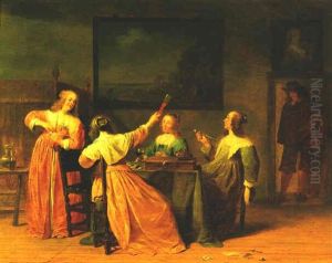 An Interior With Four Elegantly Dressed Women Sitting Around A Table Smoking And Drinking, A Man Standing In The Doorway by Jan Olis