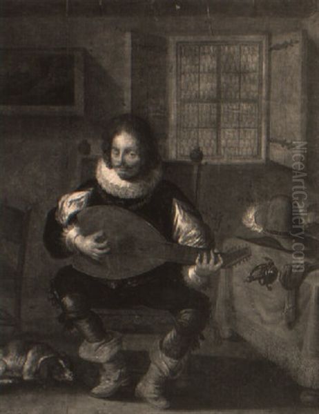 A Gentleman Playing A Lute In An Interior - view 1