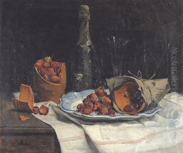 Stilleben Mit Erdbeeren, Tongefas Und Flasche - view 1