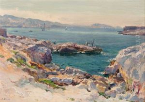 Pecheurs Sur Les Rochers Devant L"ilot De Gaby by Jean Baptiste Olive