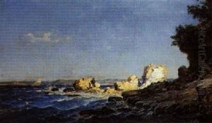 Pecheurs Sur Les Rochers, Aux Environs De Marseille, Au Fond Le Chateau D'if by Jean Baptiste Olive
