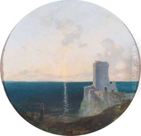 A Coastal Sunset With Castle Ruins And Figure Looking Out Towards The Horizon - view 1
