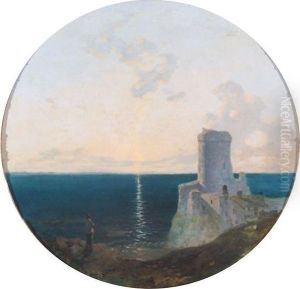 A Coastal Sunset With Castle Ruins And Figure Looking Out Towards The Horizon by William James Blacklock
