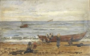 Vista De Praia Com Pescadores by Joao-Marques de Oliveira