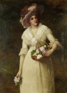 Lady With A Basket Of Roses by William Oliver the Younger