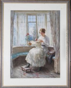 The Artist's Wife Seated In A Bay Window Sewing
