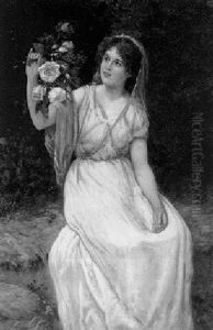 A Young Beauty With A Bouquet Of Roses by William Oliver the Younger