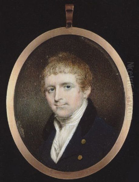 A Gentleman With Blond Hair Wearing Blue Coat With Black Collar And Gold Buttons, White Waistcoat And Cravat - view 1