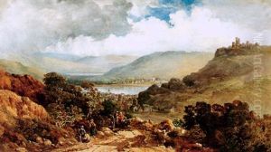 Figures In A Country Road Leading Toward A Lakeside Town With Rolling Hills Beyond by Emma Sophie Oliver
