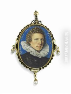 A Young Gentleman, Aged 19, In Black Doublet, White Ruff; Blue Background With Gold Border by Isaac Oliver