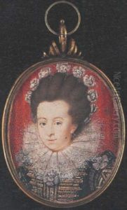 A Noblewoman (mrs. Holland?) Wearing Black Dress, The Front Panel With Gold And Silver Braid And Silver Rosette, White Lace Ruff And Gold Hoop Earring