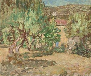 A Mediterranean Garden (+ Sunlit Trees, Larger; 2 Works) by Madge Oliver