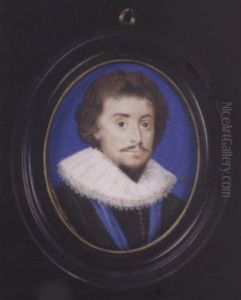 Frederick V, King Of Bohemia And Elector Palatine Wearing Black Doublet, White Ruff And Blue Ribbon Of An Order, Blue Bice Background
