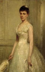 Portrait Of Rosalind Speid In A White Dress, Holding A Fan by Robert Dudley Oliver