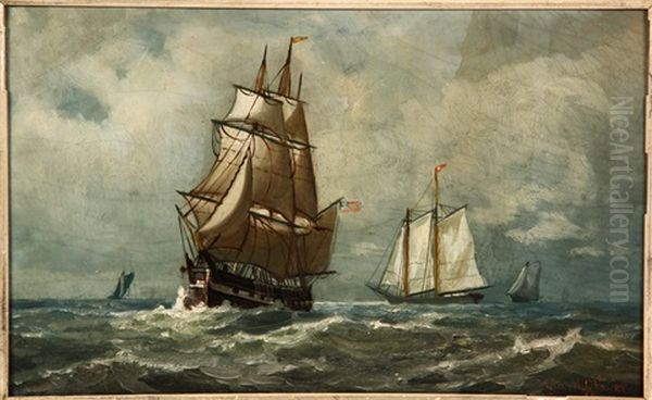 American Warship Under Sail, Schooners Aft - view 1