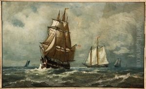 American Warship Under Sail, Schooners Aft by Thomas Clarkson Oliver