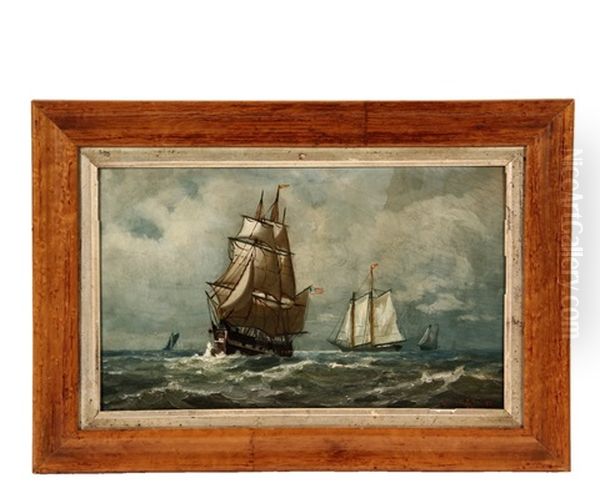 American Warship Under Sail, Schooners Aft - view 1