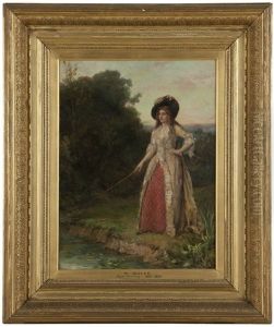 A Lady Fishing In A Pond by William Oliver