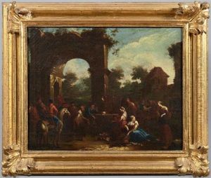 Scene De Marche Sous Un Arc Antique, Scene De Marche A Cote D'un Peristyle (2 Works) by Pietro Domenico Olivero