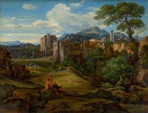 Landscape In The Campagna With A Fortified City by Johann Heinrich Ferdinand Olivier